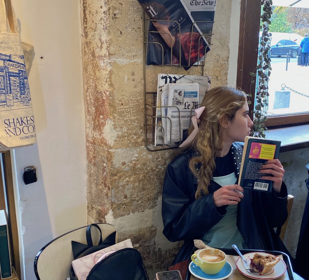 Cafe at Shakespeare and Company, Paris with a view of Notre-Dame