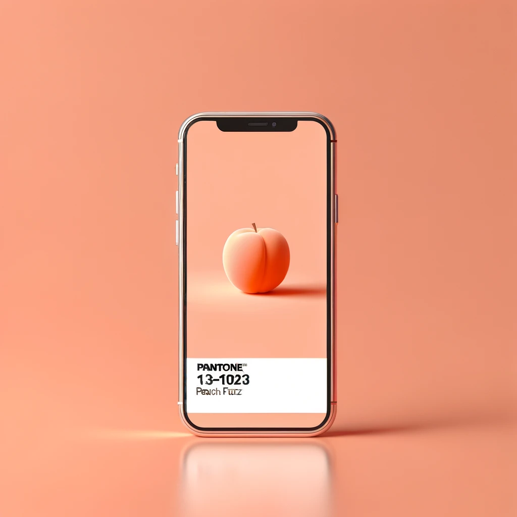 A mobile phone, cell phone, or iPhone design featuring PANTONE 13-1023 Peach Fuzz as the wallpaper. The phone should have a sleek, modern design with