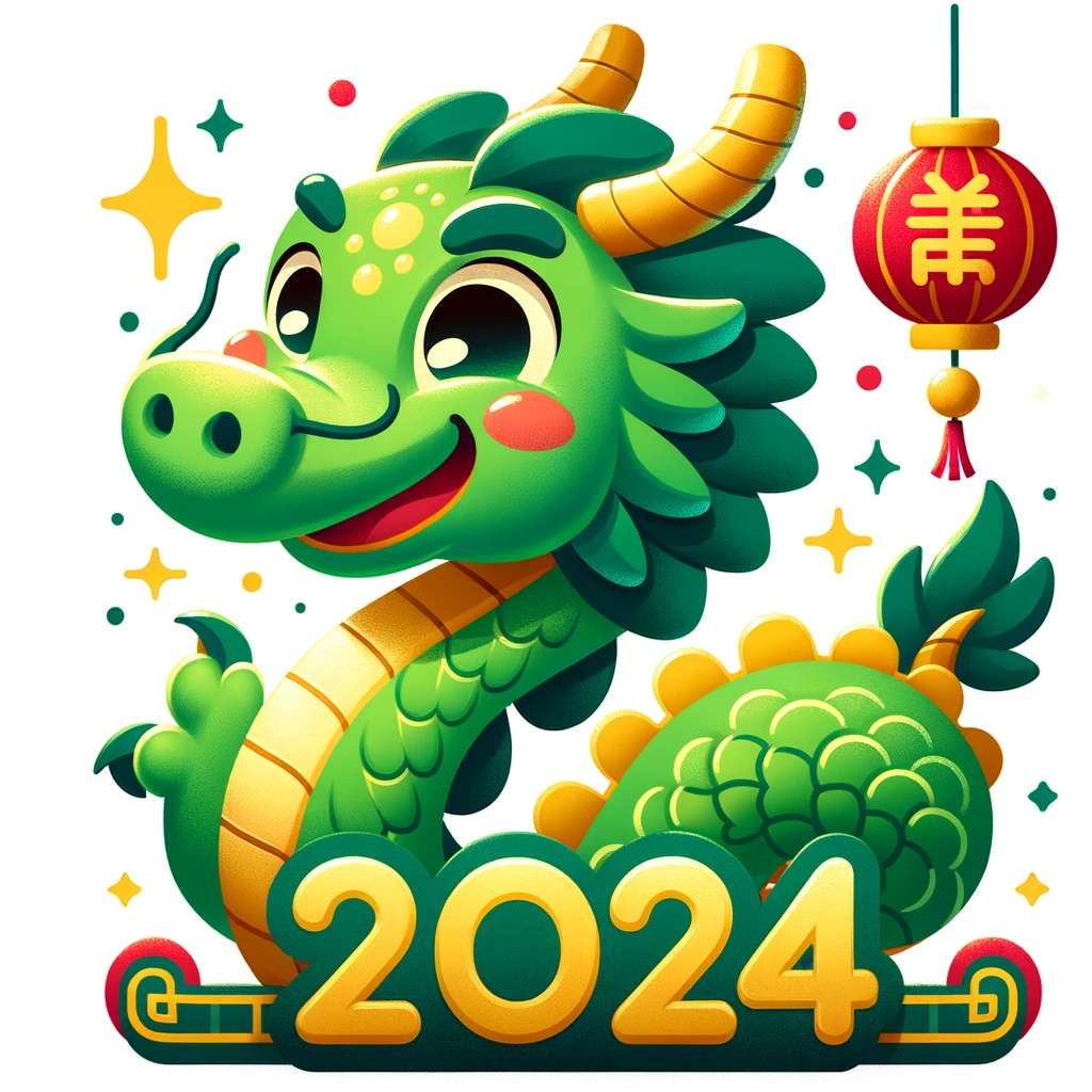 A cheerful green dragon with a friendly expression, looking to the right. The dragon has a playful and happy demeanor, embodying a sense of celebratio